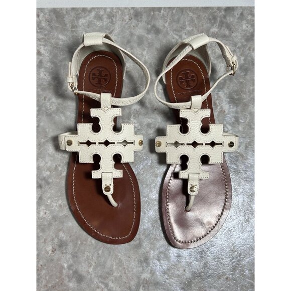 Tory Burch Phoebe Logo Thong Leather Flat Sandal in Ivory - Size 9M - Picture 3 of 9